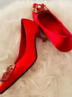 Women Rhinestone Decor Point Toe Pyramid Heeled Pumps